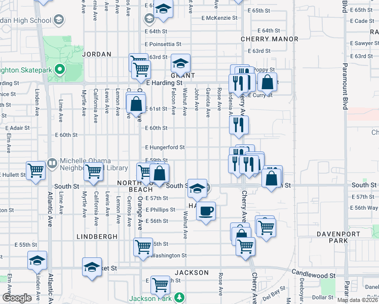 map of restaurants, bars, coffee shops, grocery stores, and more near 5916 Walnut Avenue in Long Beach