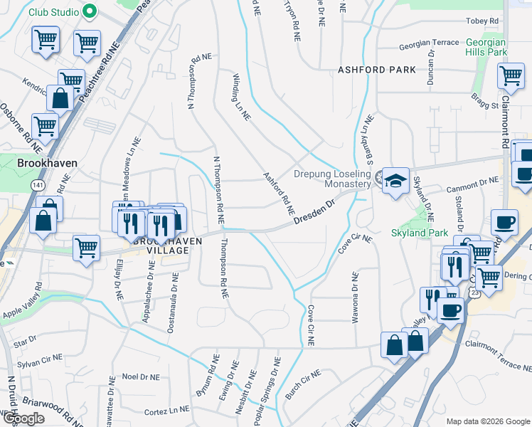 map of restaurants, bars, coffee shops, grocery stores, and more near 1585 Trentwood Place Northeast in Atlanta