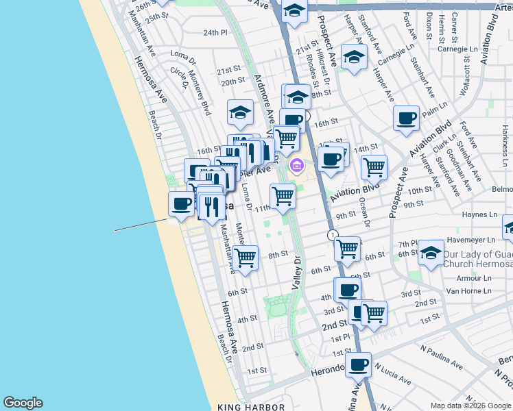 map of restaurants, bars, coffee shops, grocery stores, and more near 1103 Cypress Avenue in Hermosa Beach