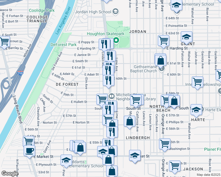map of restaurants, bars, coffee shops, grocery stores, and more near 5928 Atlantic Ave in Long Beach