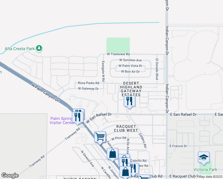 map of restaurants, bars, coffee shops, grocery stores, and more near b24 McCarthy Road in Palm Springs