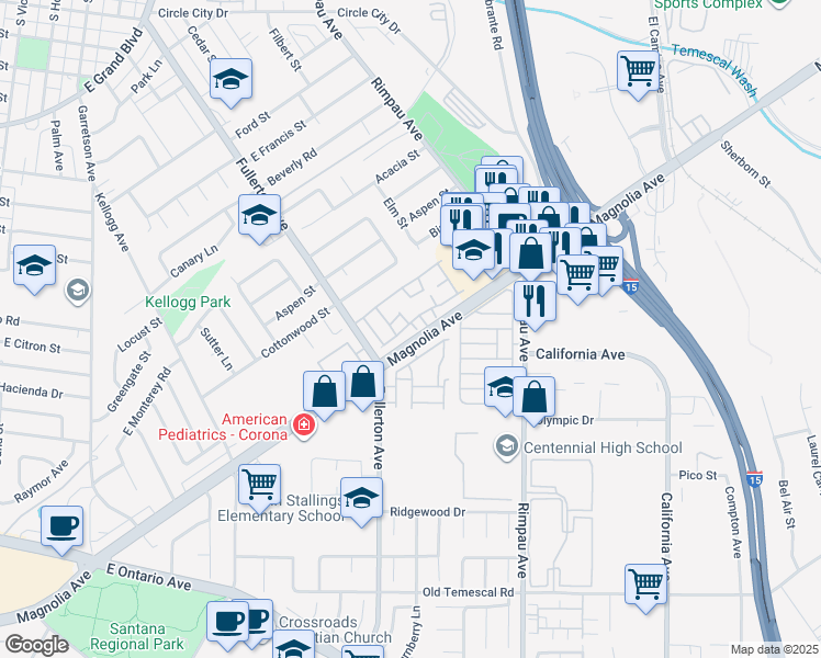 map of restaurants, bars, coffee shops, grocery stores, and more near 1652 Ironwood Place in Corona