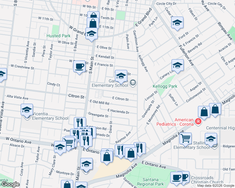 map of restaurants, bars, coffee shops, grocery stores, and more near 370 East Rancho Road in Corona