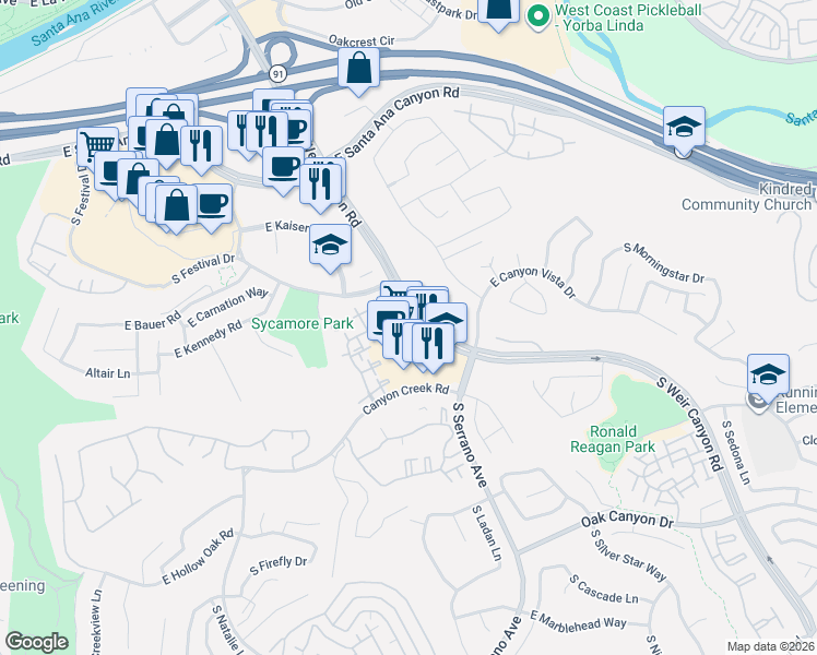 map of restaurants, bars, coffee shops, grocery stores, and more near 701 South Weir Canyon Road in Anaheim