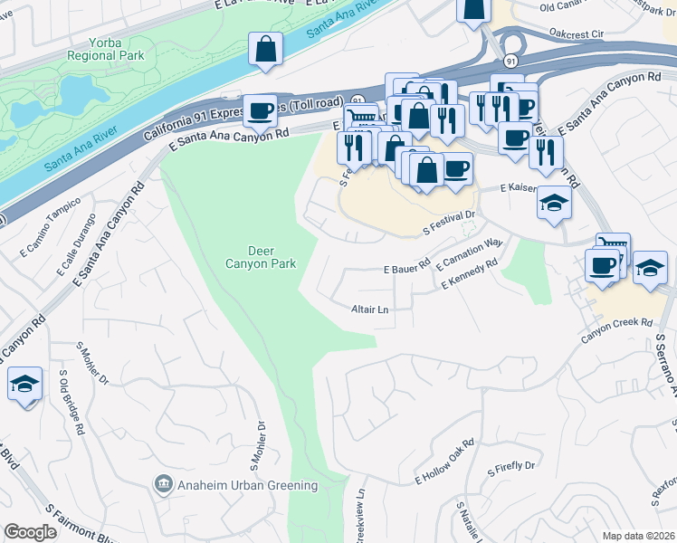 map of restaurants, bars, coffee shops, grocery stores, and more near 240 South Raspberry Lane in Anaheim