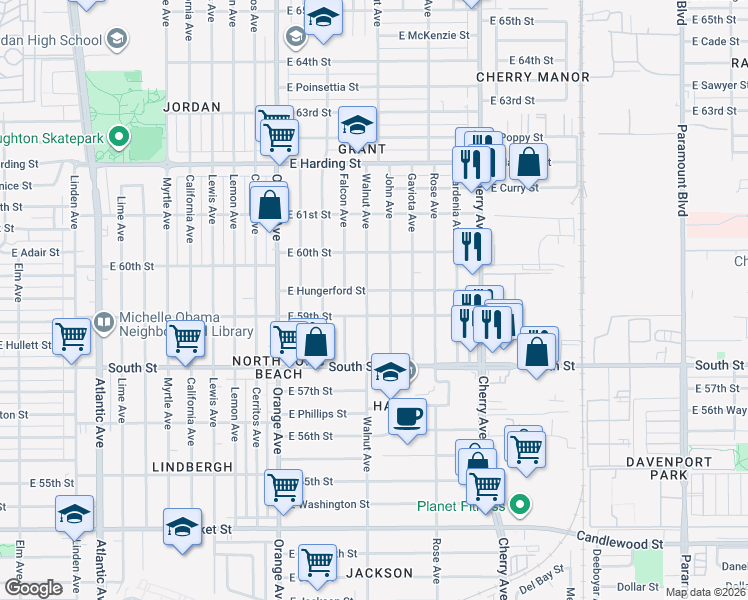 map of restaurants, bars, coffee shops, grocery stores, and more near 5916 Walnut Avenue in Long Beach