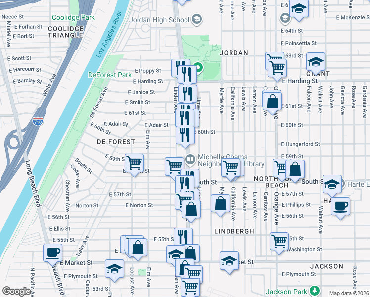 map of restaurants, bars, coffee shops, grocery stores, and more near 5928 Atlantic Avenue in Long Beach