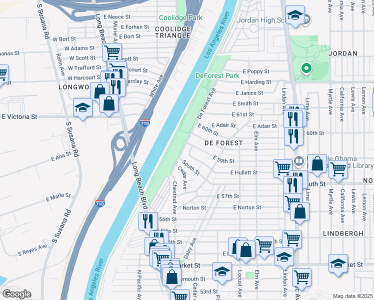 map of restaurants, bars, coffee shops, grocery stores, and more near 120 East 59th Street in Long Beach