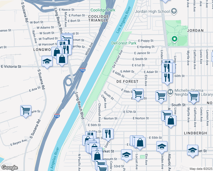 map of restaurants, bars, coffee shops, grocery stores, and more near 120 East 59th Street in Long Beach