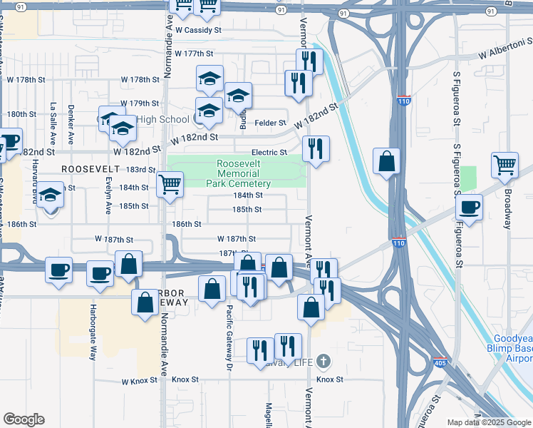 map of restaurants, bars, coffee shops, grocery stores, and more near 1106 185th Street in Gardena