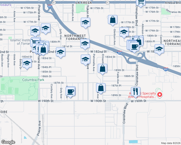 map of restaurants, bars, coffee shops, grocery stores, and more near 3531 185th Street in Torrance