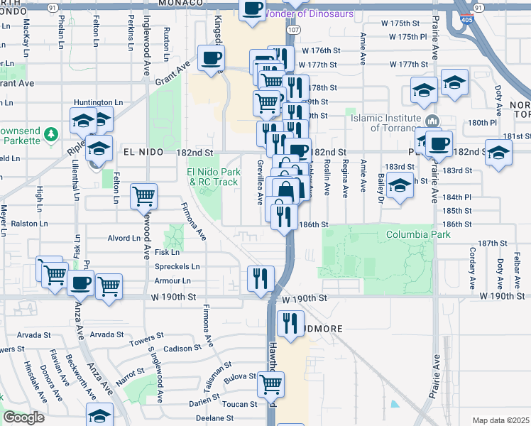 map of restaurants, bars, coffee shops, grocery stores, and more near 18517 Grevillea Avenue in Redondo Beach