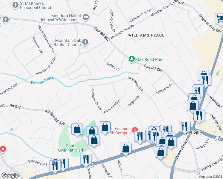 map of restaurants, bars, coffee shops, grocery stores, and more near 1979 Wiltshire Place Southwest in Snellville