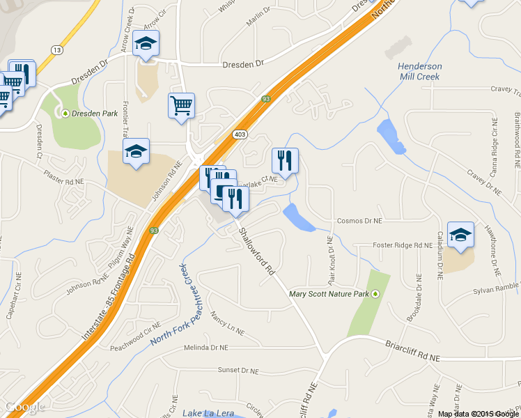 map of restaurants, bars, coffee shops, grocery stores, and more near 2534 Bradford Square Northeast in Atlanta