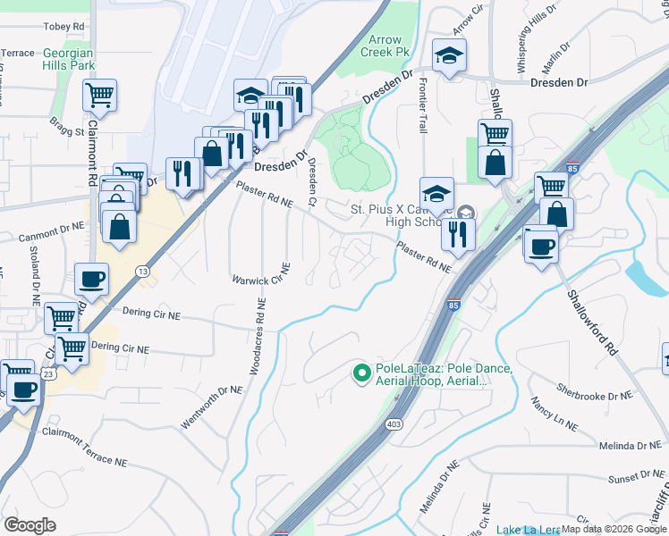 map of restaurants, bars, coffee shops, grocery stores, and more near 2235 Plaster Road Northeast in Atlanta