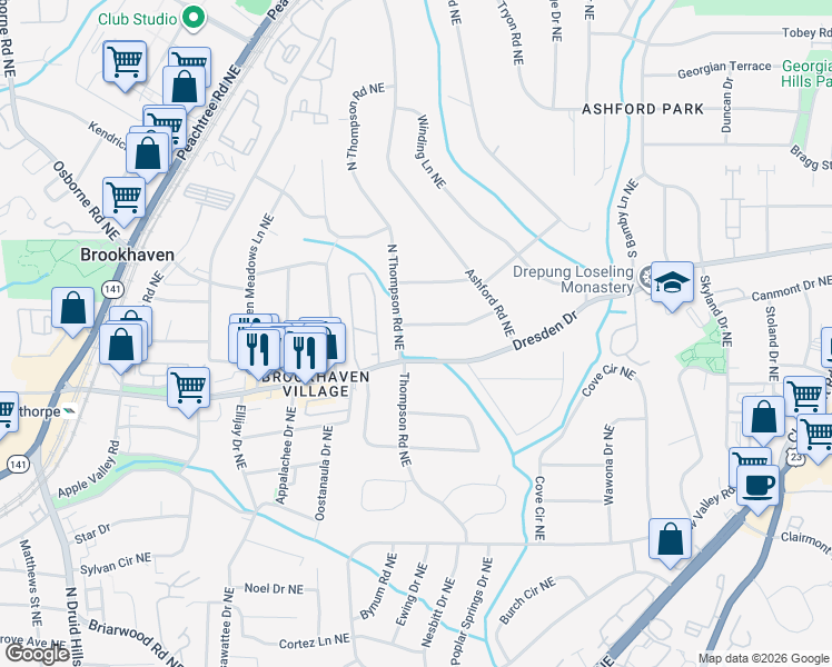 map of restaurants, bars, coffee shops, grocery stores, and more near 1549 Trentwood Place Northeast in Atlanta