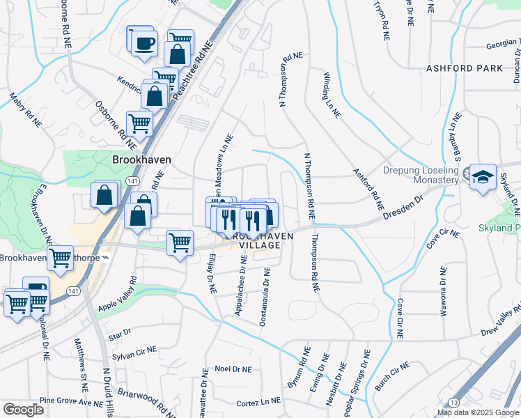 map of restaurants, bars, coffee shops, grocery stores, and more near 1446 Wilford Drive Northeast in Atlanta