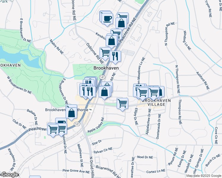 map of restaurants, bars, coffee shops, grocery stores, and more near 2603 Apple Valley Road Northeast in Atlanta