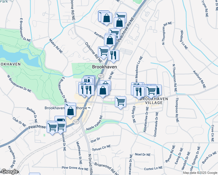 map of restaurants, bars, coffee shops, grocery stores, and more near 2603 Apple Valley Road Northeast in Atlanta