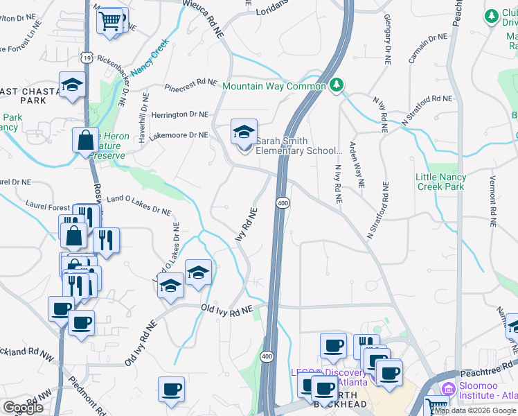 map of restaurants, bars, coffee shops, grocery stores, and more near 3939 Ivy Road Northeast in Atlanta