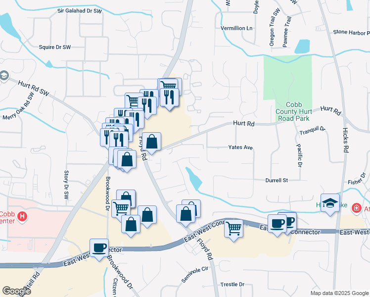 map of restaurants, bars, coffee shops, grocery stores, and more near 1231 Creek Forest Lane in Austell