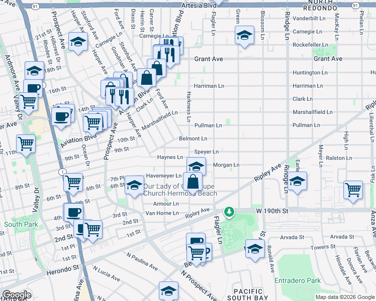 map of restaurants, bars, coffee shops, grocery stores, and more near 1746 Speyer Lane in Redondo Beach