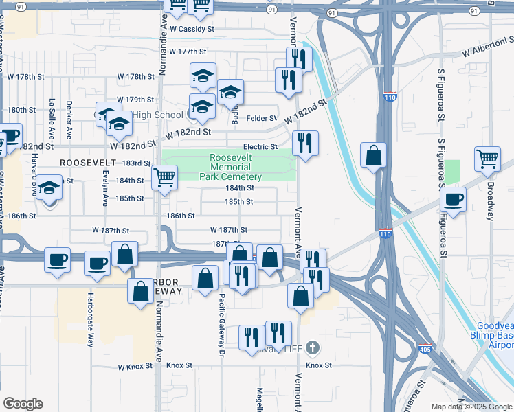 map of restaurants, bars, coffee shops, grocery stores, and more near 1106 185th Street in Gardena