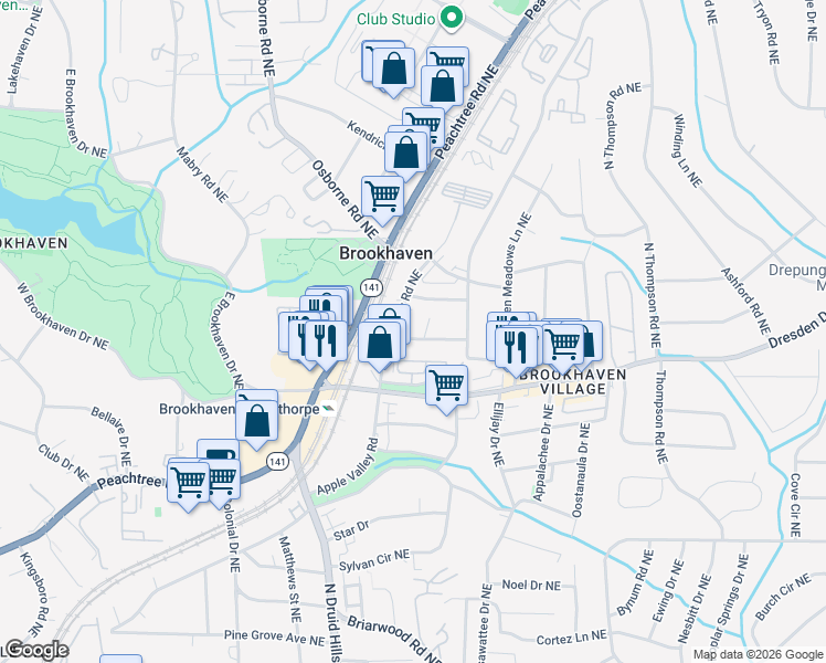 map of restaurants, bars, coffee shops, grocery stores, and more near 1294 Sunland Drive Northeast in Atlanta