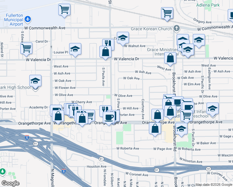map of restaurants, bars, coffee shops, grocery stores, and more near 2201 West Olive Avenue in Fullerton