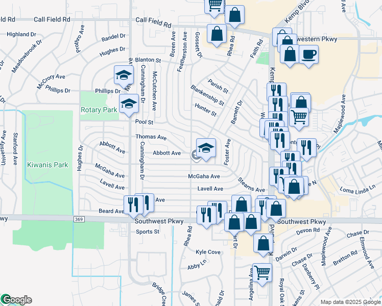 map of restaurants, bars, coffee shops, grocery stores, and more near 3000 Thomas Avenue in Wichita Falls