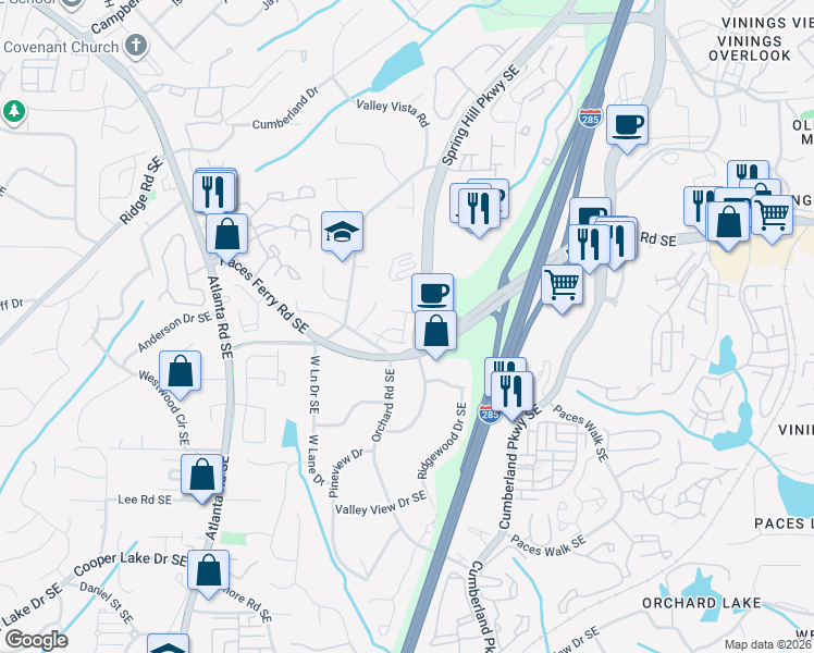map of restaurants, bars, coffee shops, grocery stores, and more near 3625 Hester Avenue in Smyrna