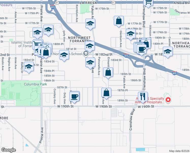 map of restaurants, bars, coffee shops, grocery stores, and more near 3531 185th Street in Torrance