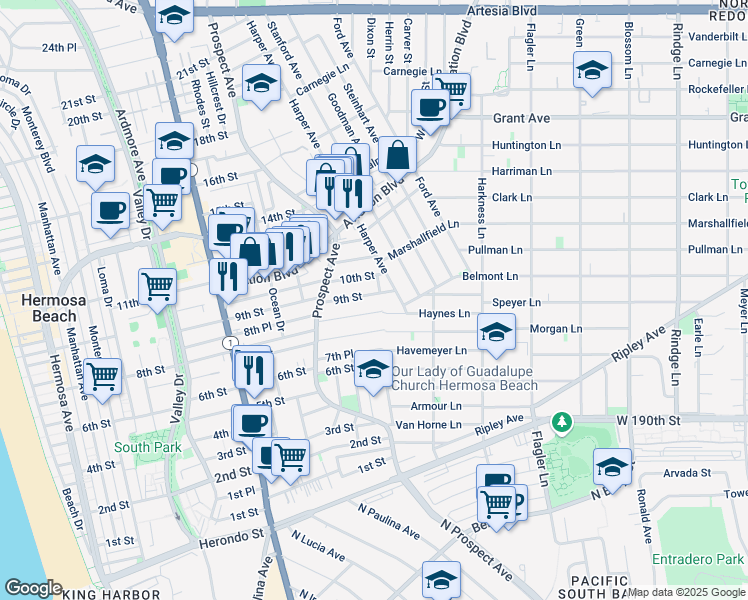 map of restaurants, bars, coffee shops, grocery stores, and more near 1244 9th Street in Hermosa Beach