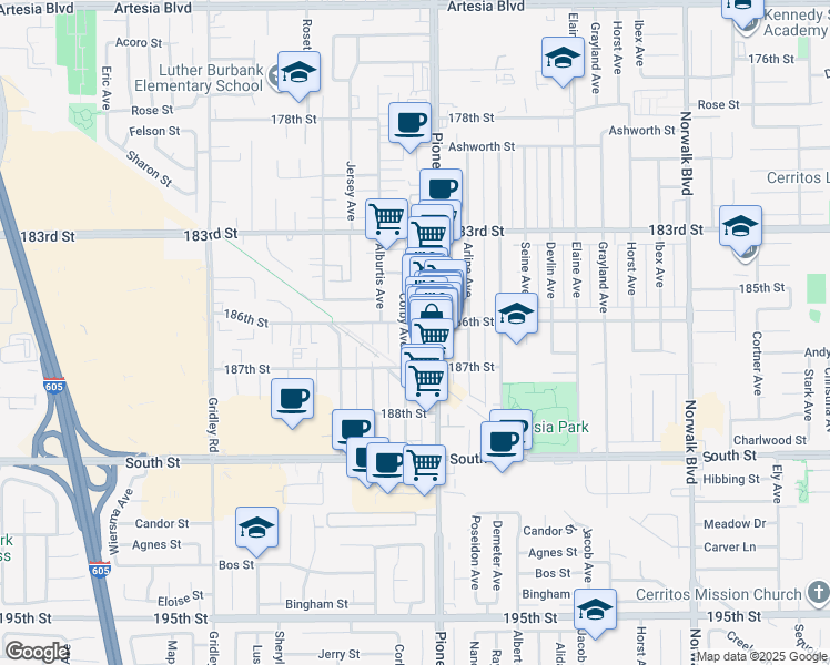 map of restaurants, bars, coffee shops, grocery stores, and more near 18612 Corby Avenue in Artesia
