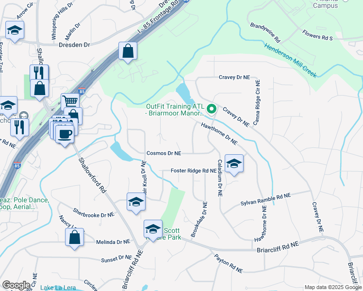 map of restaurants, bars, coffee shops, grocery stores, and more near 2597 Cosmos Court Northeast in Atlanta