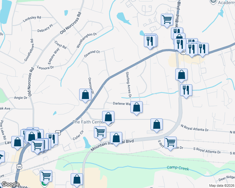 map of restaurants, bars, coffee shops, grocery stores, and more near 4720 Pounds Court in Tucker