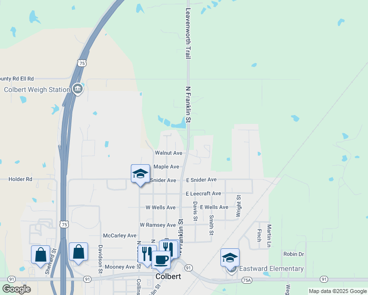 map of restaurants, bars, coffee shops, grocery stores, and more near 106 Walnut Ave in Colbert