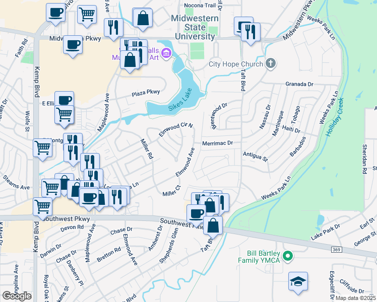 map of restaurants, bars, coffee shops, grocery stores, and more near 2606 Elmwood Avenue in Wichita Falls