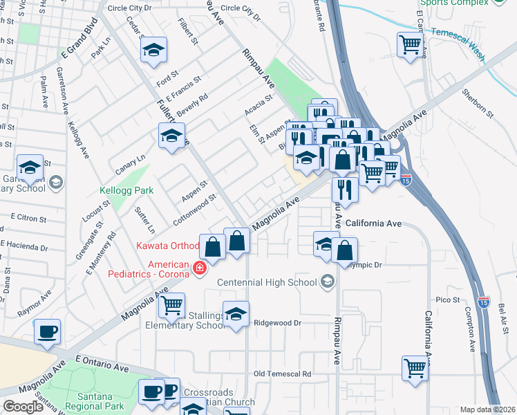 map of restaurants, bars, coffee shops, grocery stores, and more near 1643 Golden Tree Court in Corona