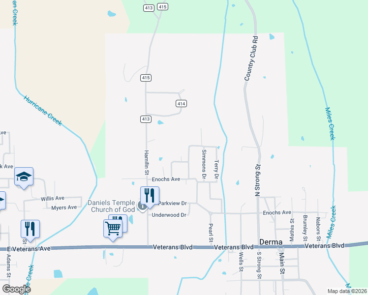 map of restaurants, bars, coffee shops, grocery stores, and more near Lawrence Drive in Calhoun City