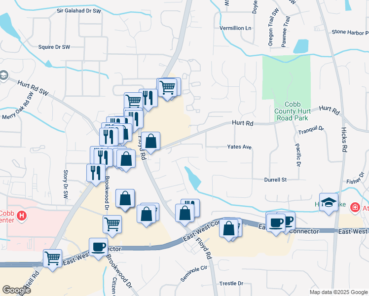 map of restaurants, bars, coffee shops, grocery stores, and more near 1231 Creek Forest Lane in Austell