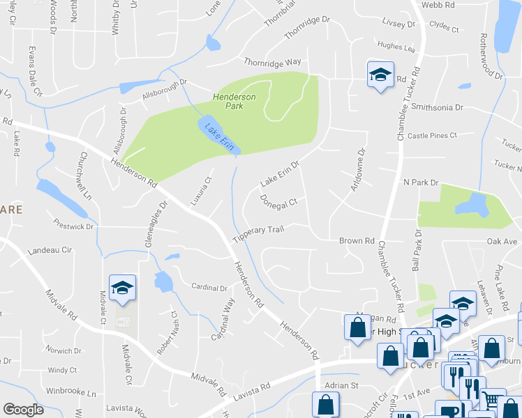 map of restaurants, bars, coffee shops, grocery stores, and more near 3963 Donegal Court in Tucker