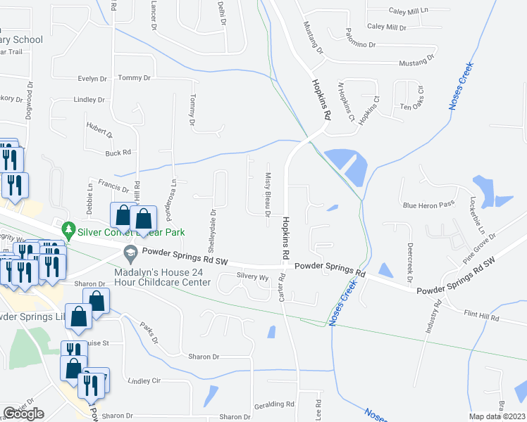 map of restaurants, bars, coffee shops, grocery stores, and more near 3600 Ashley Woods Drive in Powder Springs