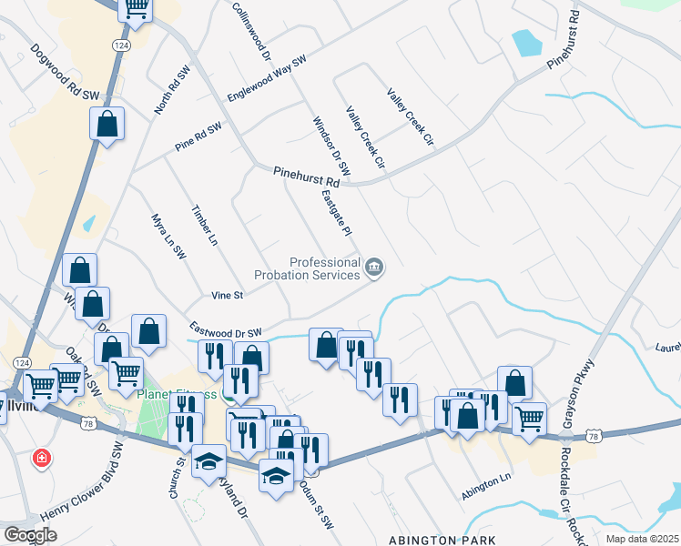 map of restaurants, bars, coffee shops, grocery stores, and more near 2351 Kimberley Way Southwest in Snellville