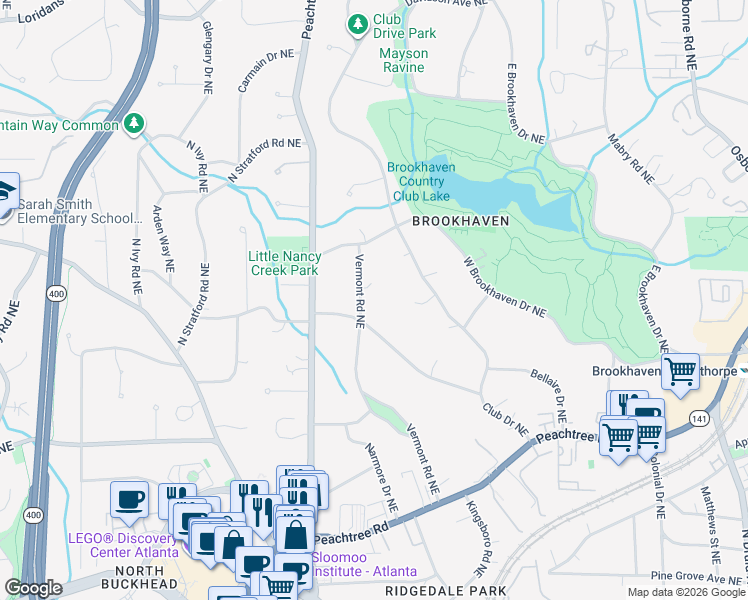 map of restaurants, bars, coffee shops, grocery stores, and more near 3935 Vermont Road Northeast in Atlanta