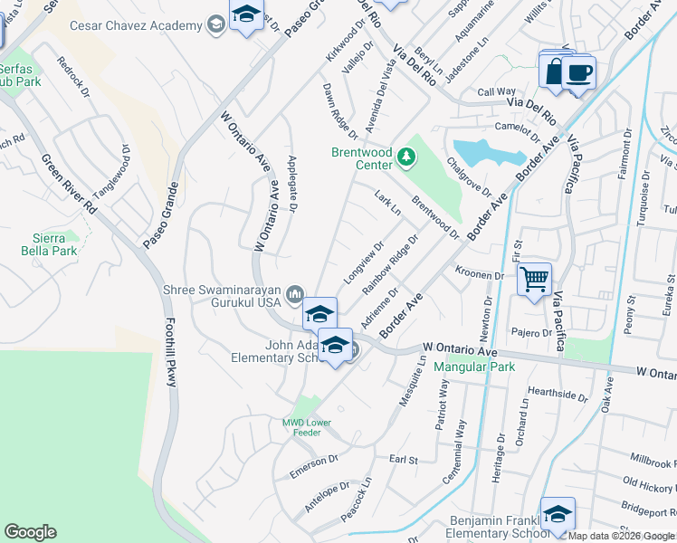 map of restaurants, bars, coffee shops, grocery stores, and more near 1722 Sunset Lane in Corona