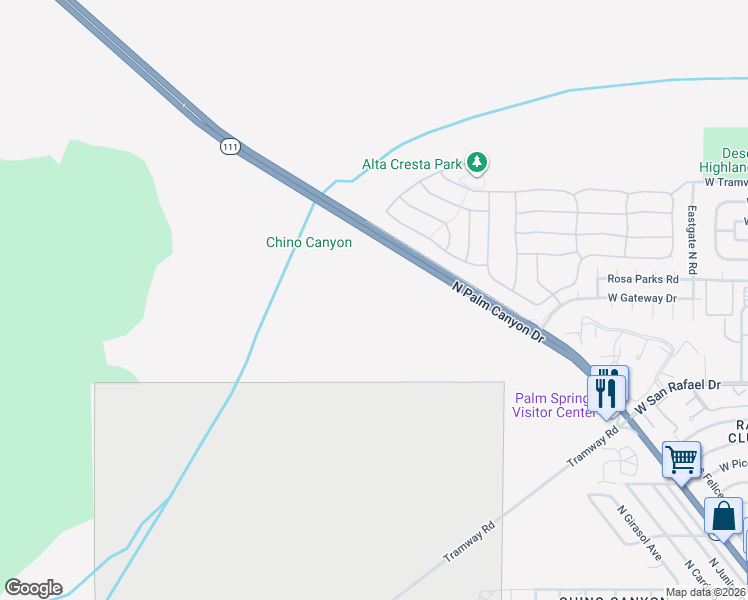 map of restaurants, bars, coffee shops, grocery stores, and more near 650 East Vista Chino in Palm Springs