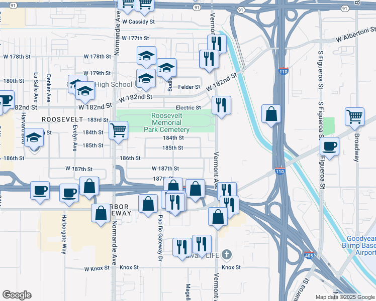 map of restaurants, bars, coffee shops, grocery stores, and more near 1106 185th Street in Gardena