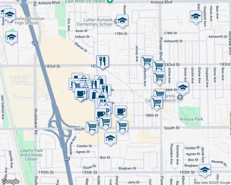 map of restaurants, bars, coffee shops, grocery stores, and more near 11454 186th Street in Artesia
