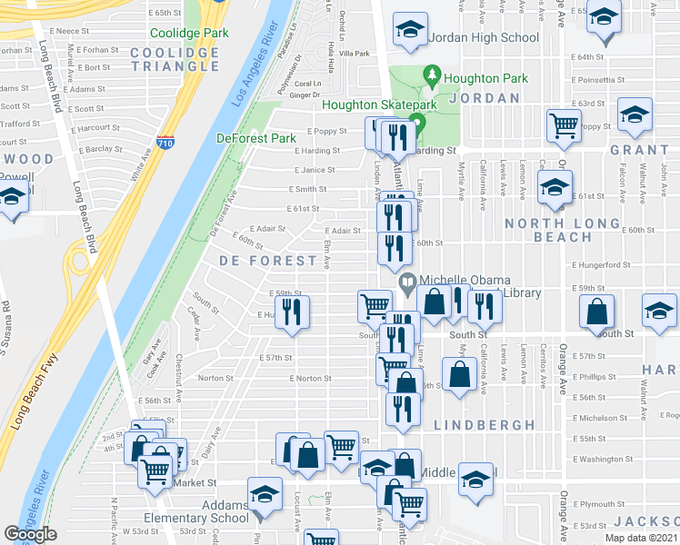map of restaurants, bars, coffee shops, grocery stores, and more near 427 E Osgood St in Long Beach